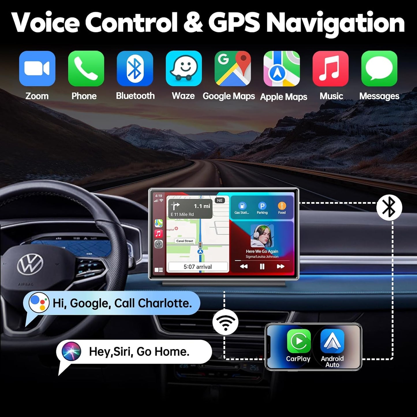Upgrade Wireless Carplay Screen, Android Auto, Portable 7" HD IPS Screen for Car, GPS Navigation, Bluetooth Handsfree, AirPlay, MirrorCast, AUX/FM Transmitter Fit Most Car Models