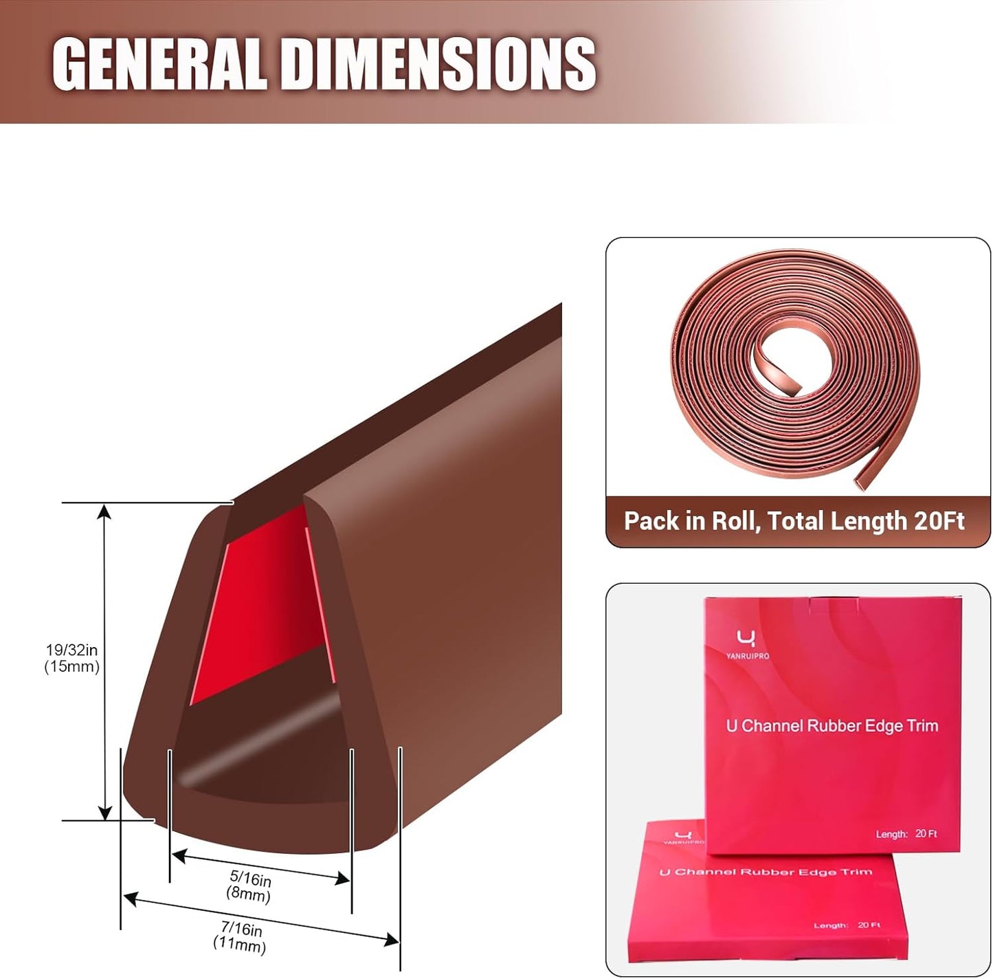 Rubber Edge Trim, Flexible Edge Trim for Sharp Edge, 5/16"(8.0mm) U Channel Edge Protector, Self Adhesive Edge Guards for Plywood, Glass, Flexi-Glass and Mirror, 20Ft, Brown Color