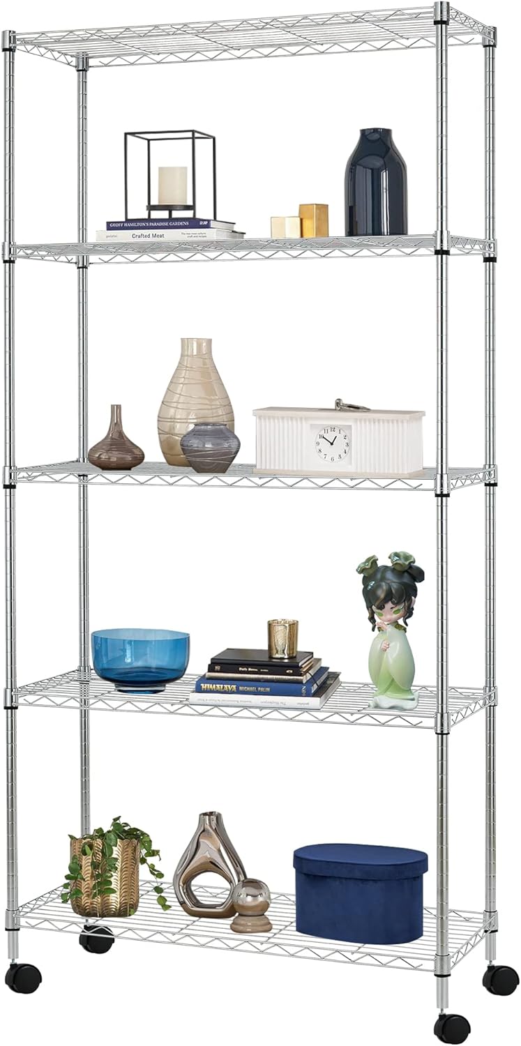 BestOffice 14Dx30Wx60H 5-Tier Wire Shelving Unit Steel Large Metal Shelf Organizer Garage Storage Heavy Duty NSF Height Adjustable Commercial Utility Storage Metal Rack on Wheels,Chrome