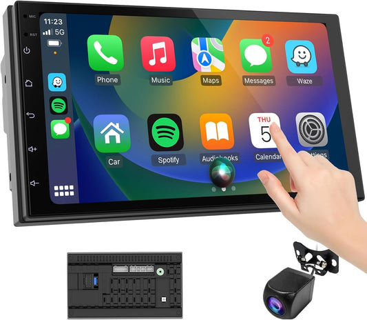 Wireless CarPlay Screen for Car & Android Auto Head Unit - Touchscreen 7 Inch Double Din Car Stereo with Backup Camera for All Cars(2+64GB)