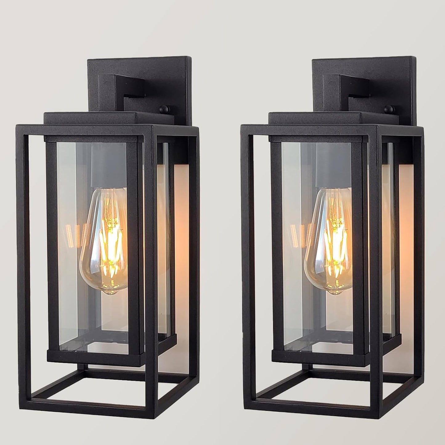 14" Outdoor Wall Light Fixtures Waterproofed Exterior Lantern W/Sturdy Rectangular Double Cage In Satin Black&Clear Tempered Glass,Sconce Mounted For House Patio,Front door,Porch,Garage Lighting 2Pack