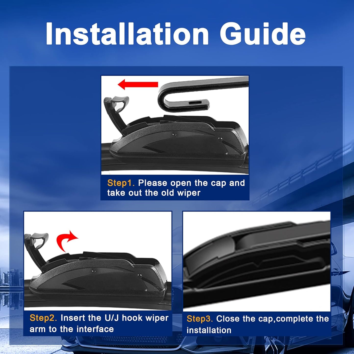 Windshield Wiper Blade Set Replacement for Toyota Rav4 2006-2012 Original Equipment Replacement Front Wiper Blades-24"/17"/12" (Set of 3) U/J Hook