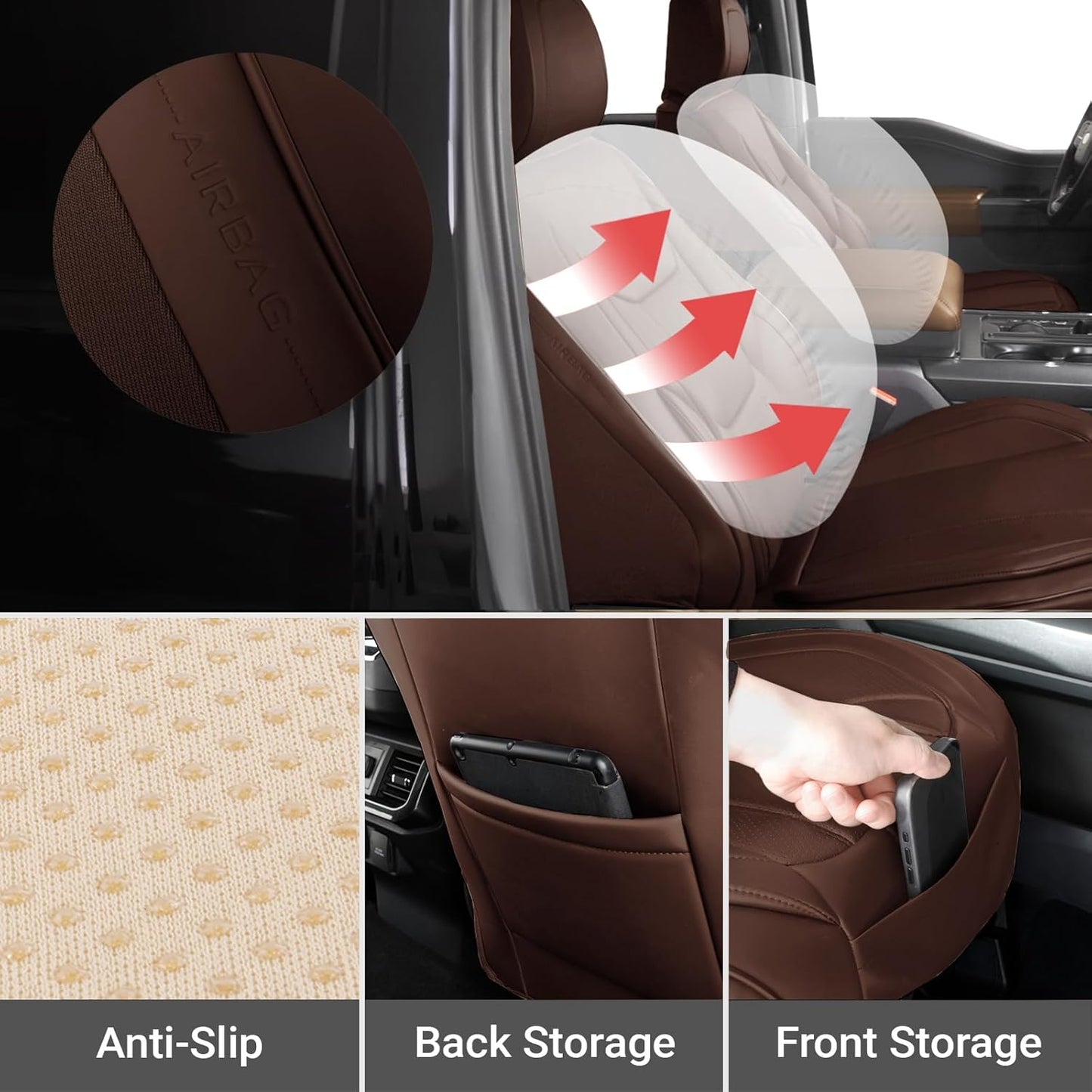 Coverland Custom Car Seat Covers Compatible with Tacoma, F150, F250, F350, Ram 1500, Silverado 1500 - Premium Leather Non-Slip Waterproof Interior Front Seat-Dark Brown [See Size Chart-Size A10]