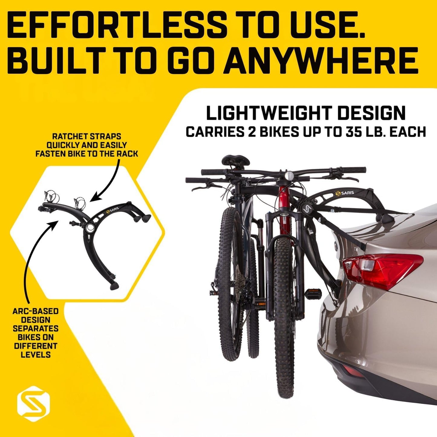 Saris Bones EX 2-Bike Trunk Rack Bicycle Carrier, Durable, Rust-Free, Anti-Sway Straps, Made in USA, Arc-Based Design, 100% Recyclable Materials