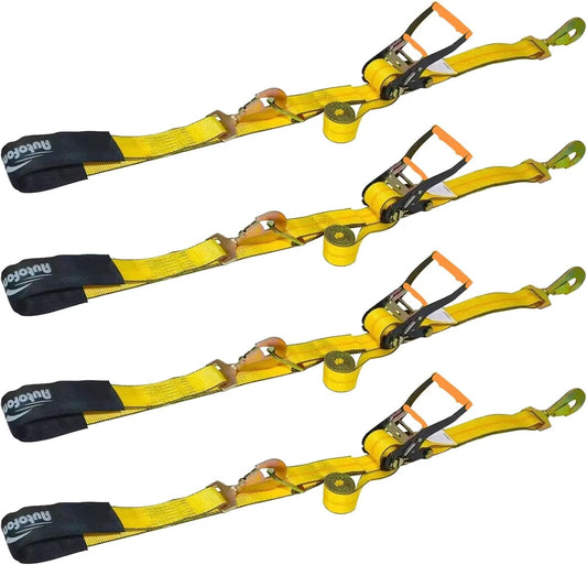 Heavy Duty Adjustable Car Tie Down Kit with Snap Hooks -Break Strength 10,000 lbs-Working Load 3333 lbs-2 Inch x 114 Inch - 4 Pack Axle Tie Down Straps (Yellow)