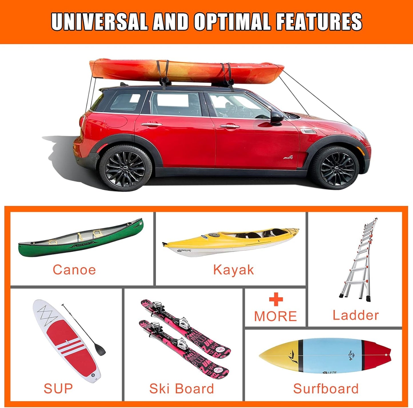 MeeFar Universal Car Soft Roof Rack Pads Luggage Carrier System for Kayak Surfboard SUP Canoe Include 2 Heavy Duty Tie Down Straps, 4 Tie Down Rope, 4 Quick Loop Strap and Storage Bag