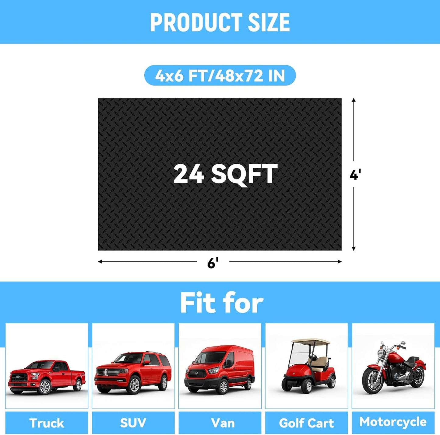 4x6 FT Garage Floor Mat,2.8mm Thickened PVC Flooring Roll for Under Car,24 SQFT Diamond Plate Black Garage Mats for Truck,Trailer,SUVs,Van,Golf Cart,Motorcycle（Included Tapes）