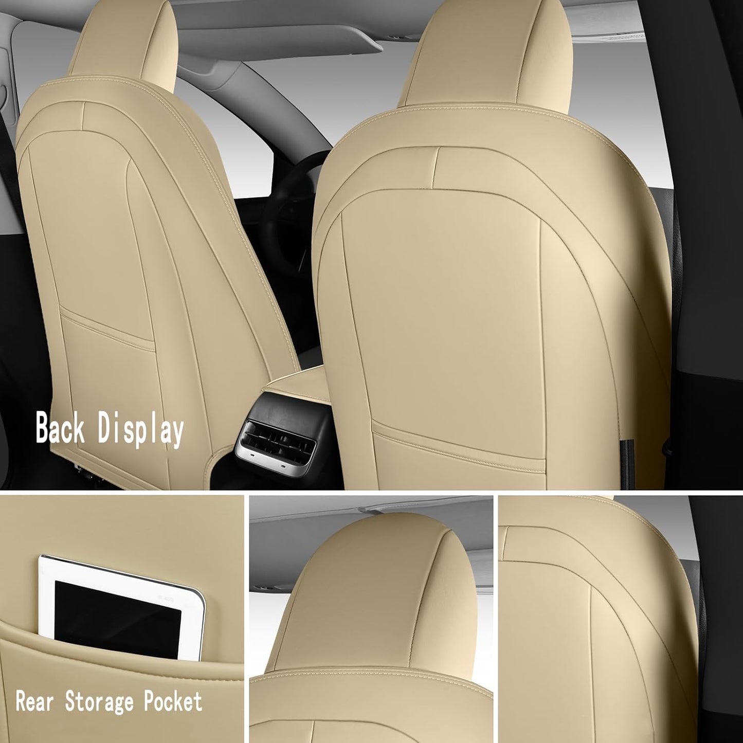 Tesla Model Y Seat Cover Full Set, Faux Leather Tesla Car Seat Cover, Perfect Suitable for Tesla Model Y 2020 2021 2022 2023 2024 2025 (Beige)