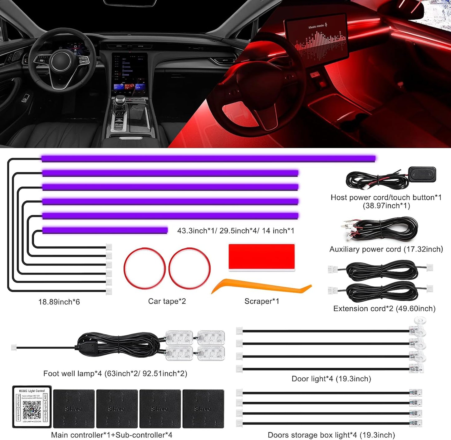 Acrylic Interior Car LED Strip Light with Wireless APP, RGB 18 in 1 with 175 inches 612 LEDs Fiber Optic Strip Lights for Car, Dual Zone Music Sync Neon Car Ambient Lighting Kits