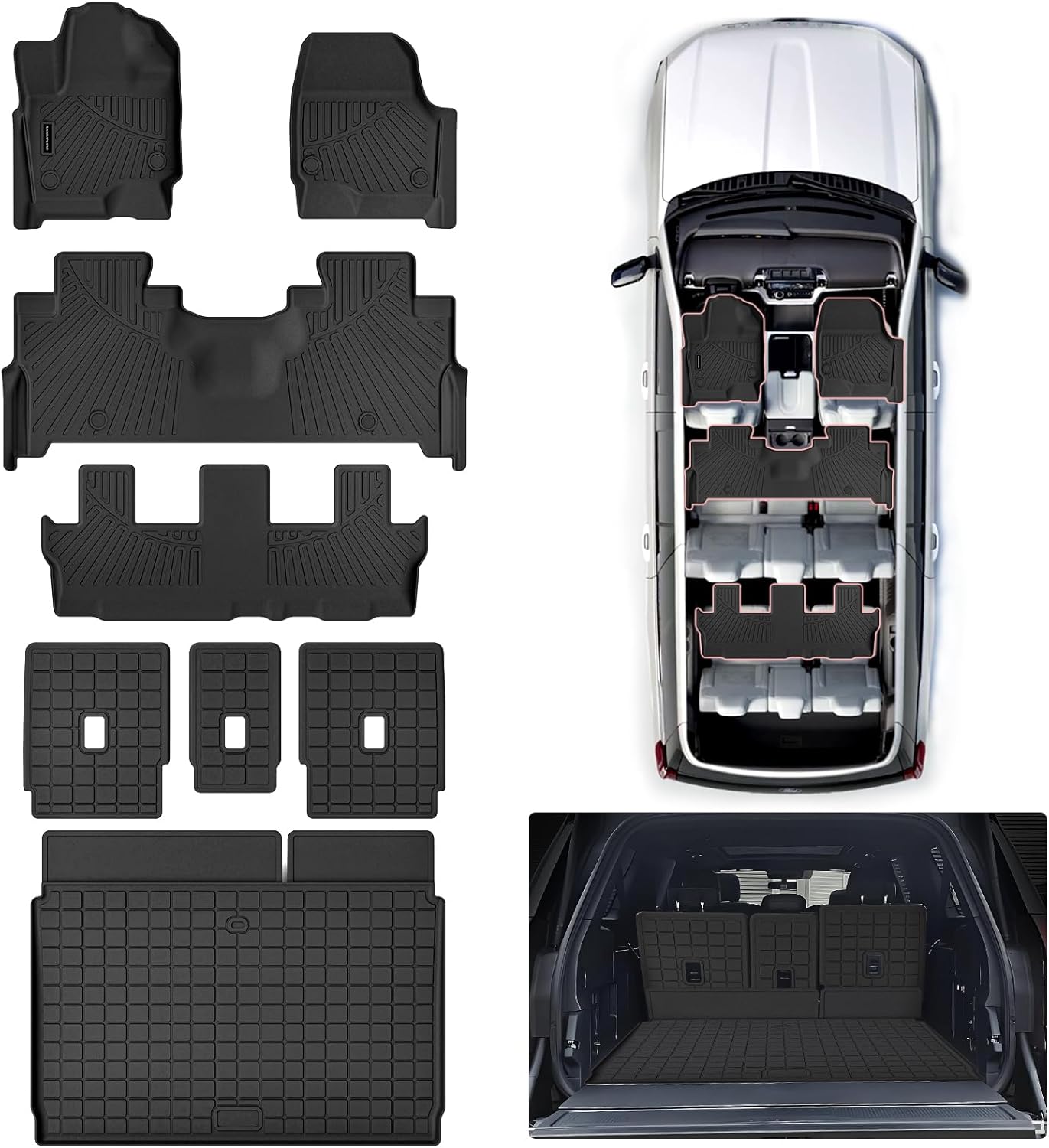 Full Set Floor Mats & Trunk Liner for 2025 Ford Expedition (Only Fit MAX 8-Seat | 2 Row Bench Seat) | TPE All-Weather Liners with Cargo Mat - Custom Fit, Non-Slip, Waterproof