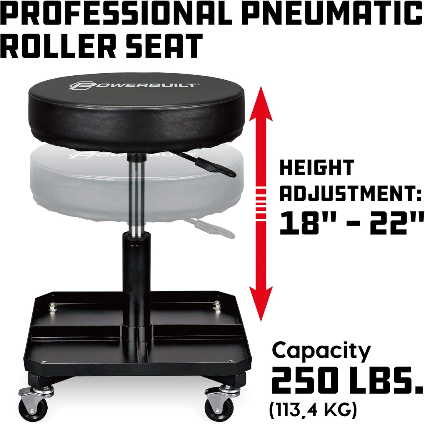 Powerbuilt Rolling Seat, Height-Adjustable Garage Stool with Tool Tray, Smooth and Padded for Car Repair, Detailing, Comfort - 640834, Black