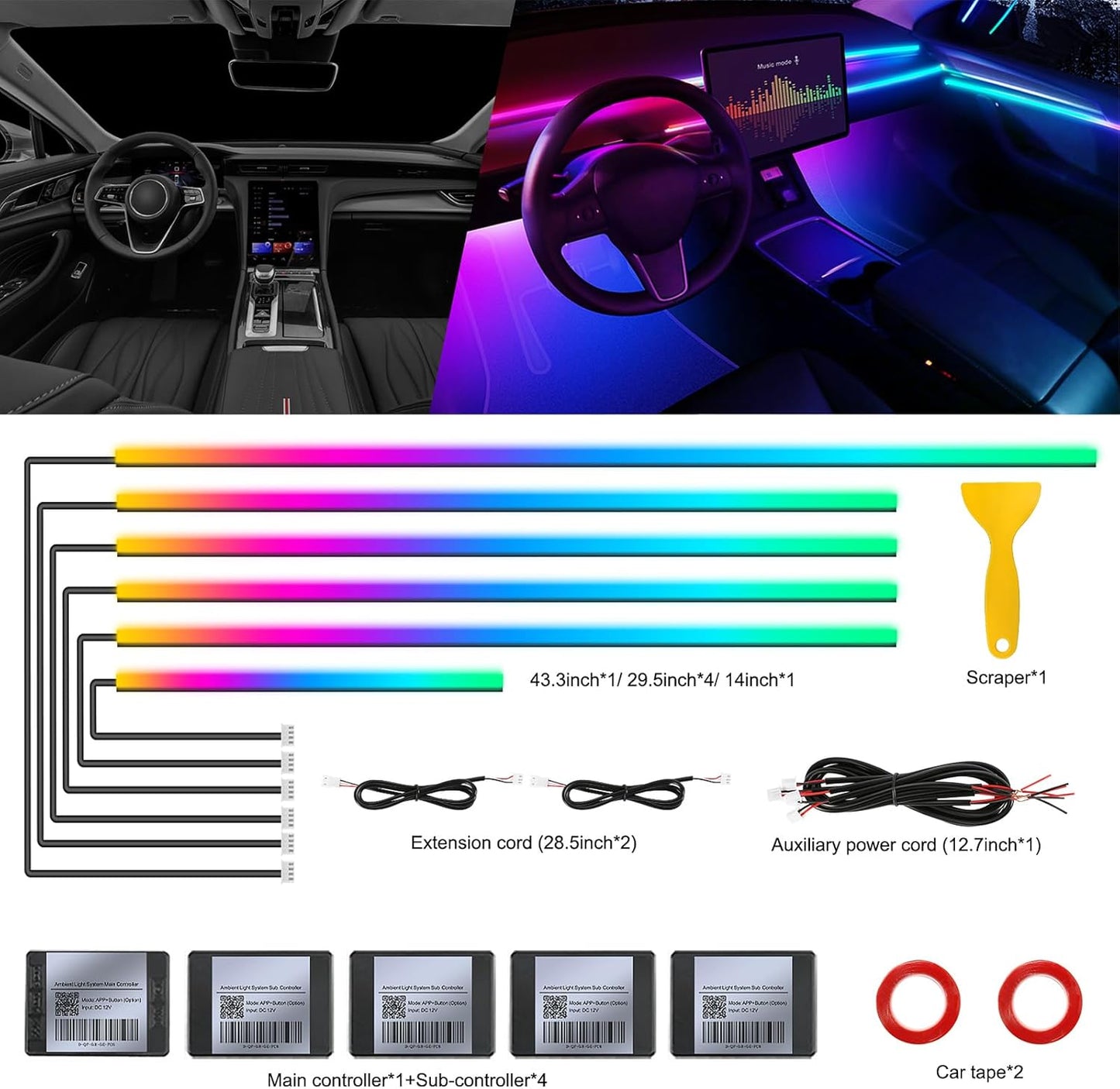 Dream+Color Acrylic Interior Car LED Strip Light with Wireless APP, RGB 6 in 1 with 175 inches 593 LEDs Fiber Optic Strip Lights for Car, Dynamic Chasing Music Sync Neon Ambient Lighting Kits