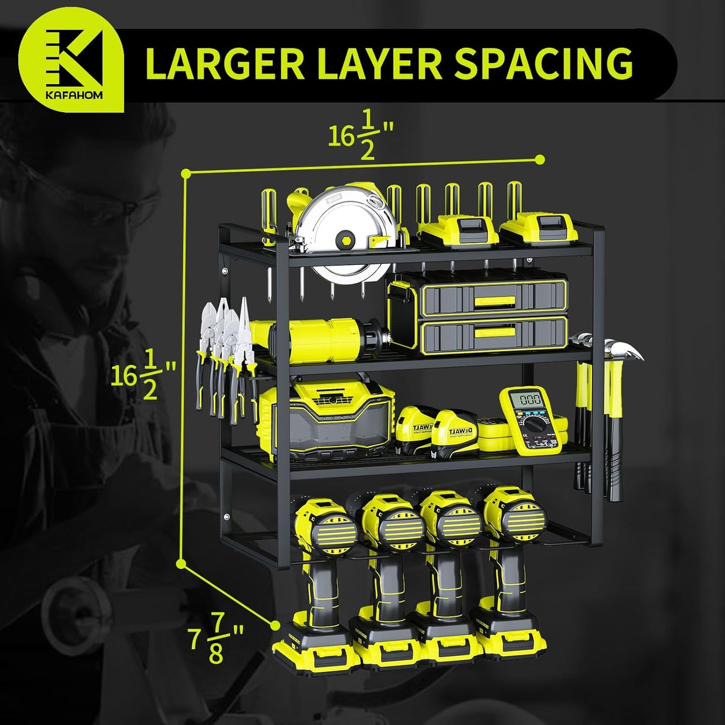 KAFAHOM Power Tool Organizer,4 Layer Drill Holders Wall Mount,Heavy Duty Metal Organizers and Storage Rack for Garage Organization,Tools Shelves with Screwdriver Plier/Hammer Holder, Black