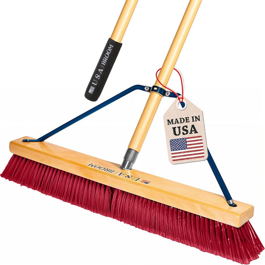 24" Soft Sweep Indoor Push Broom with 60" Handle. Ideal for Epoxy & Polished Floors. Durable American Made Steel Brackets-Stainless Steel Hardware. No Plastic. 100% Made in The USA