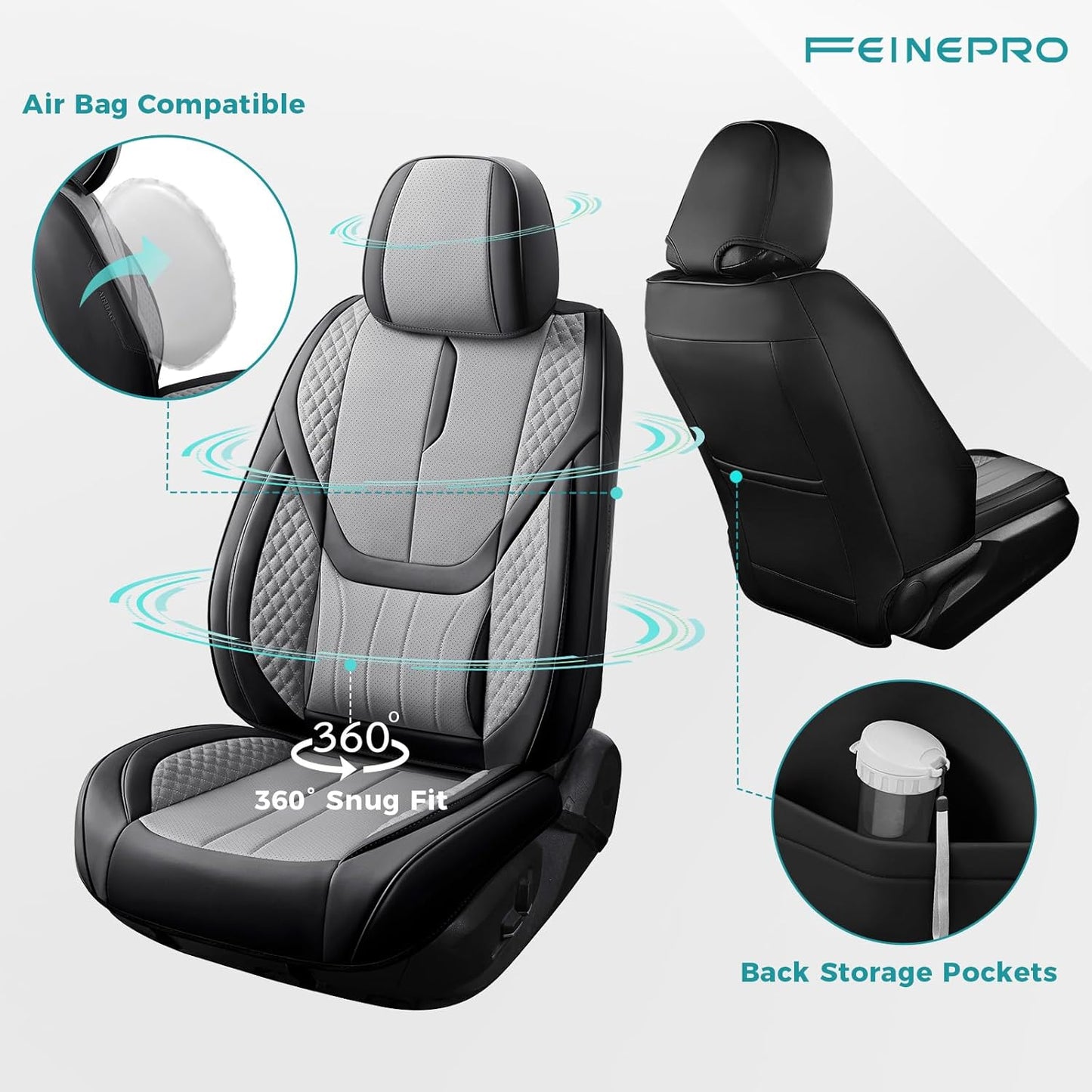 Car Seat Covers Full Set - Universal Seat Covers for Cars SUV Truck – Faux Leather Automotive Seat Covers, Breathable & Waterproof Front and Rear Seat Protectors, Fit for Most Cars-BlackGrey