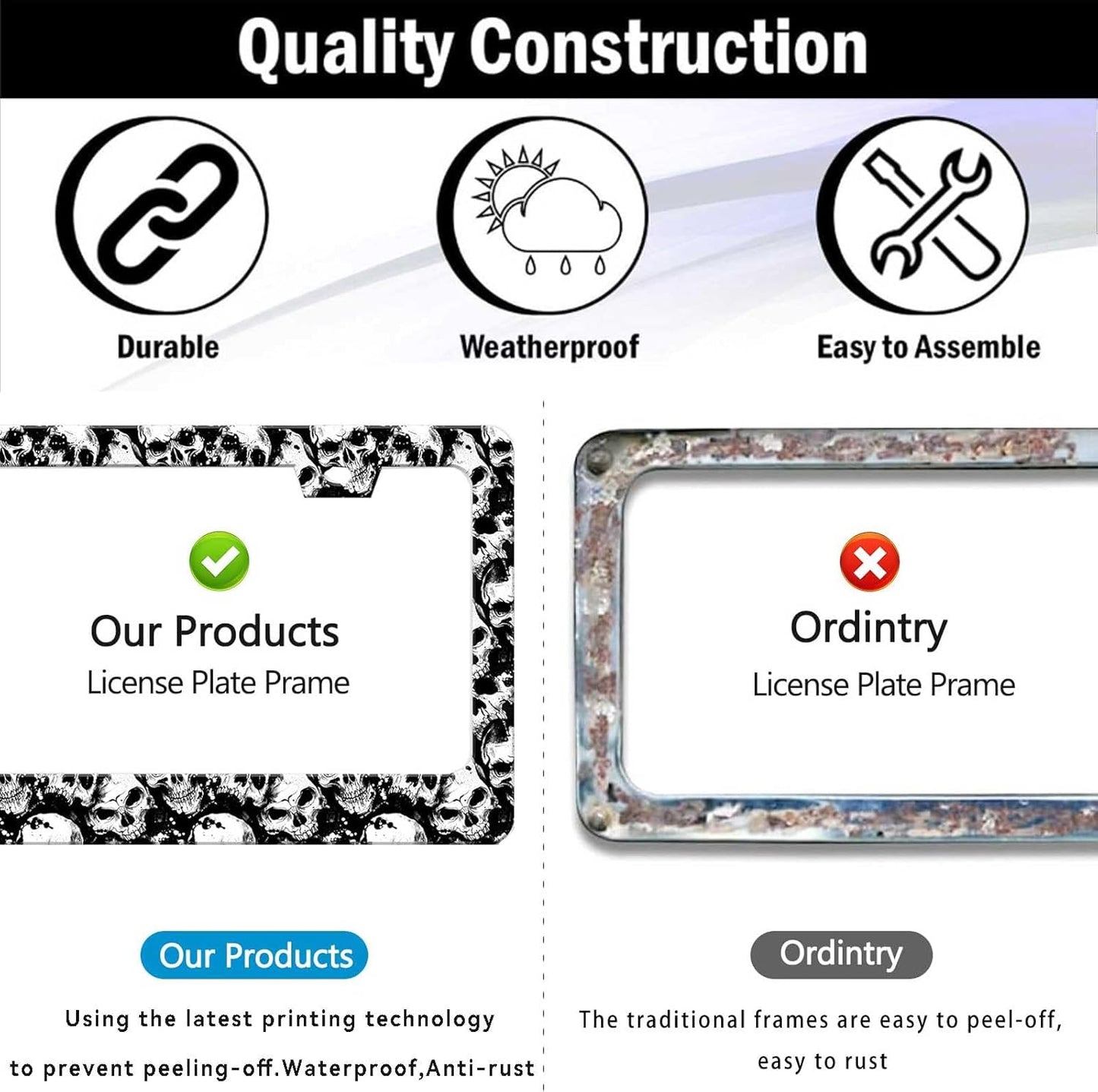 2Pack of Skull License Plate Frames Horror Skull Car Decor Accessories,Metal Black and White Skull License Plate Frame Cover Tag Holder Bracket