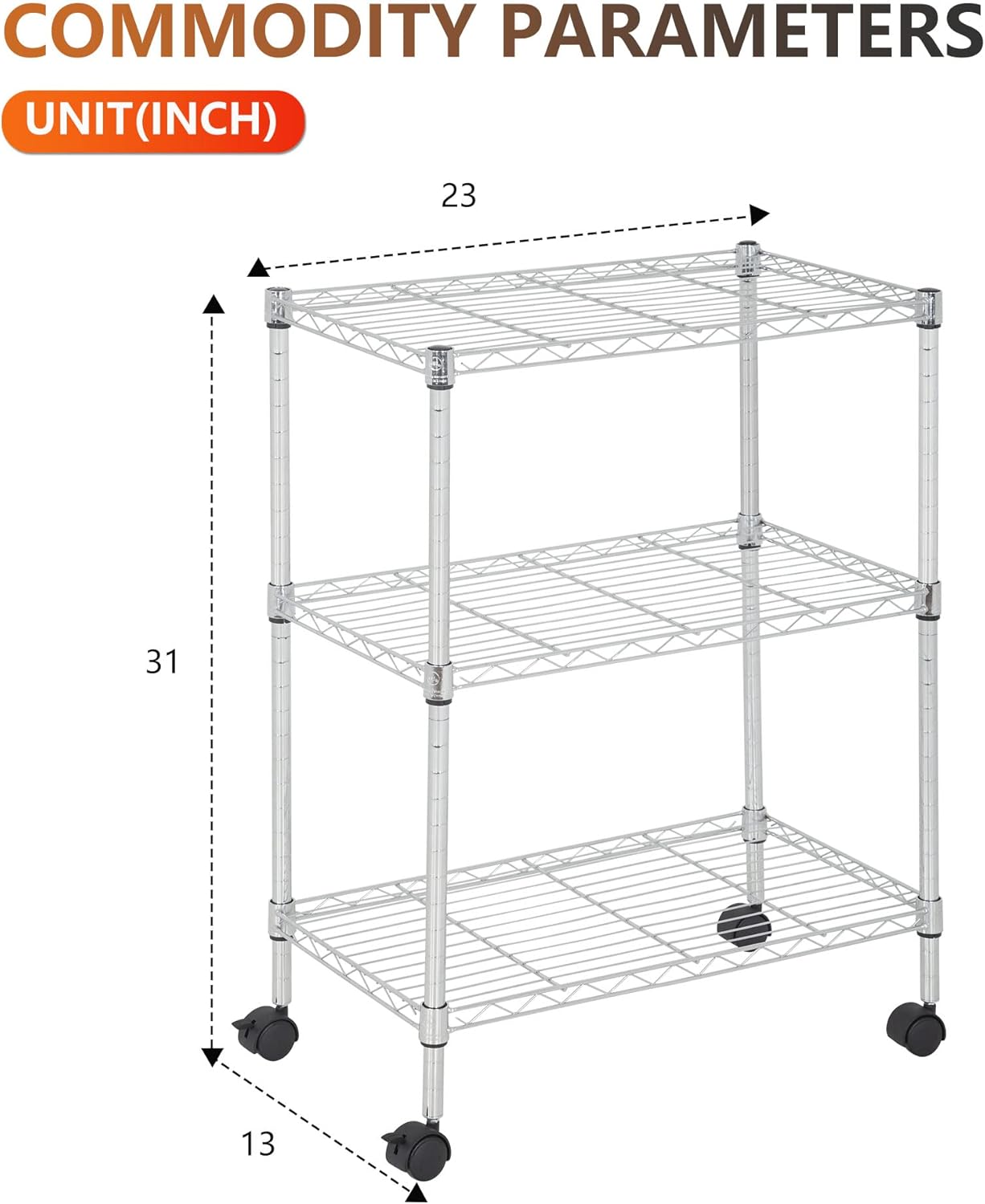 BestOffice 3-Tier Adjustable Wire Shelving Storage Shelves Heavy Duty Shelving Unit with Wheels for Small Places Kitchen Garage Balcony,Chrome