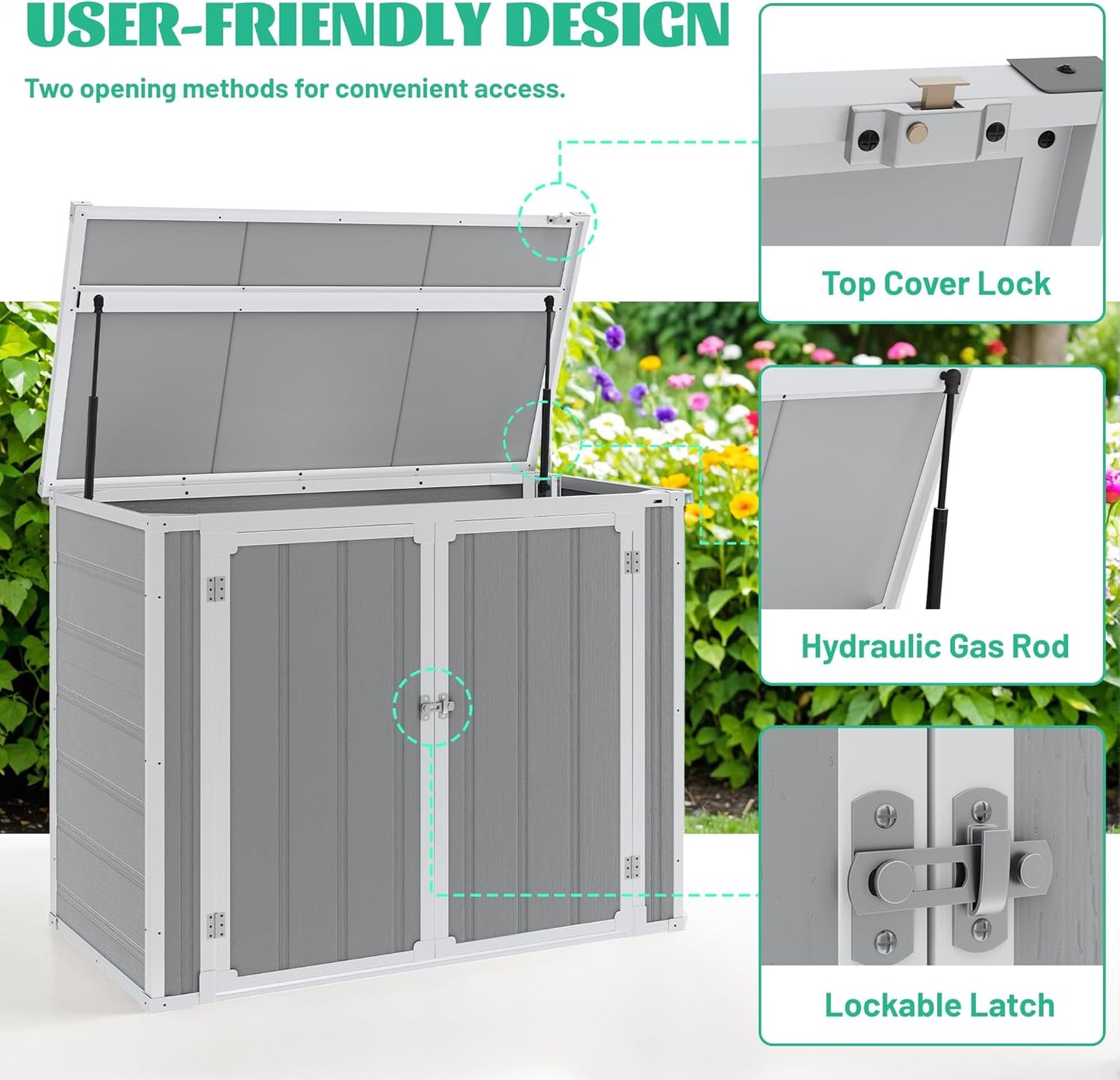 41 Cu.Ft Resin Shed with Floor, 4.7x2.5 FT Outdoor Horizontal Storage Shed for Trash Cans and Garden Tools, Waterproof Outdoor Plastic Shed for Lawn Mower, Pool Toys, Bicycle (Gray)