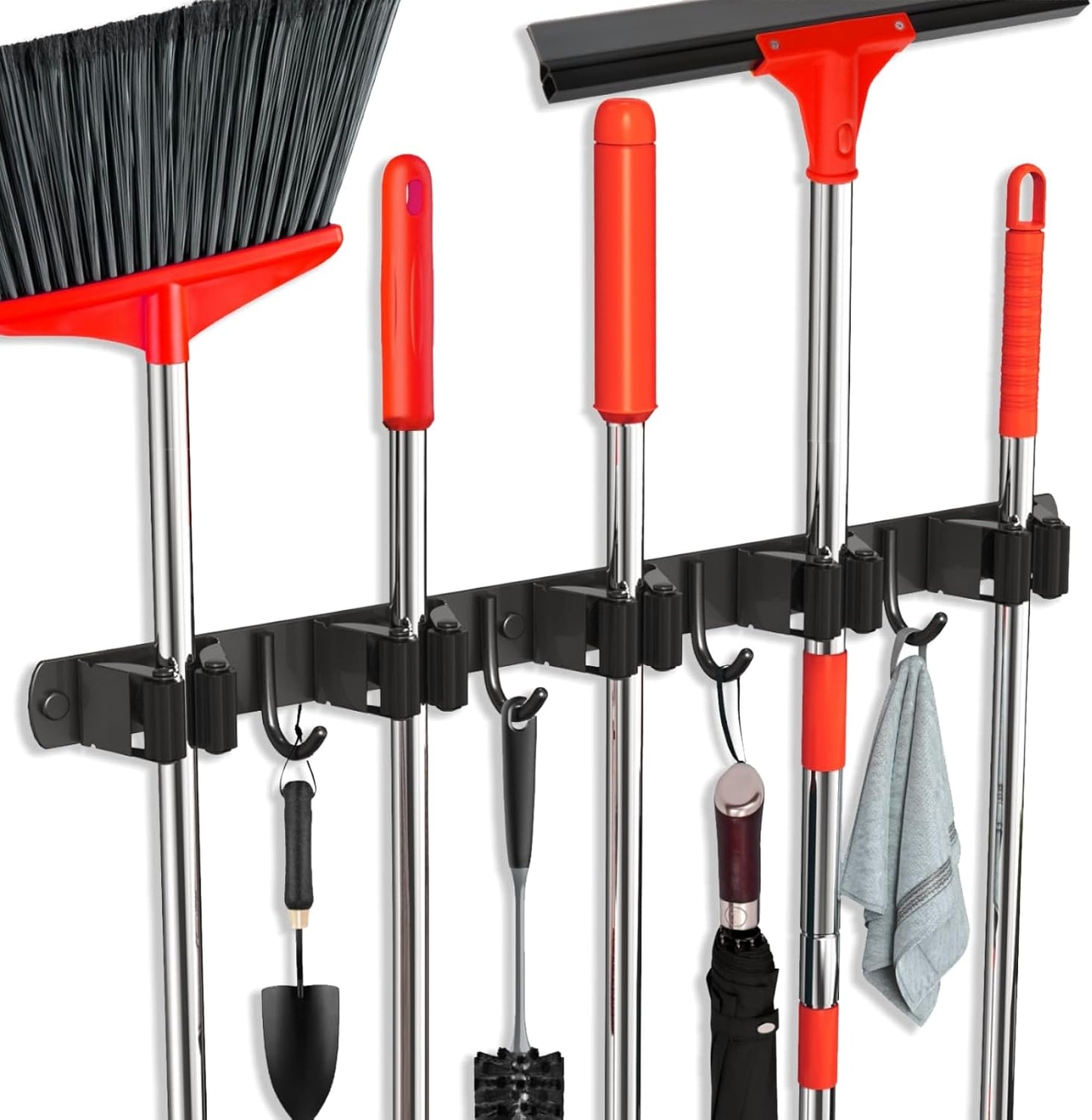 Mop and Broom Holder Wall Mount, Upgraded Broom Hanger Wall Mount, Stainless Steel Broom Organizer for Closet Garage Laundry Room Kitchen Wall Decor(5Racks 4Hooks Black)