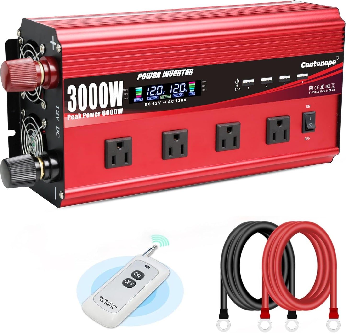 3000W Power Inverter 12V to 110V/120V DC to AC with LCD Display, Remote Controller 4 x AC Outlets and 4 x 3.1A USB Car Adapter for Car Truck Boat RV Solar System
