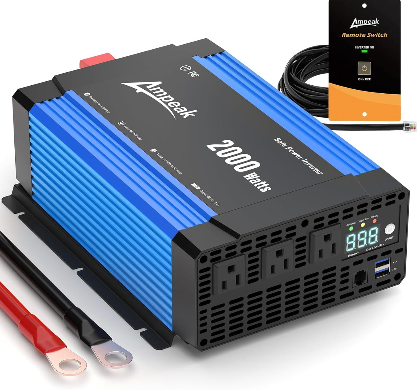 Ampeak 2000W Power Inverter Conversion Efficiency 89.37% Inverter 12V to 110V 3AC Outlets Dual 5V/3.1A USB Ports Modified Sine Power Inverters for Vehicles