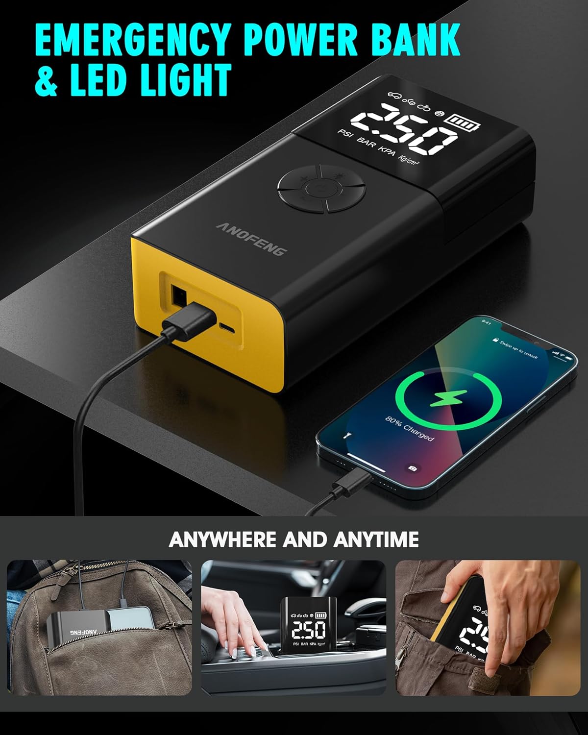 Portable 3000A Jump Starter with Air Compressor,150 PSI Air Pump 12V Jump Box for Car Battery Jump Starter (10L Gas/8L Diesel) with Jumper Cable,3 Modes Flashlight,LCD Display