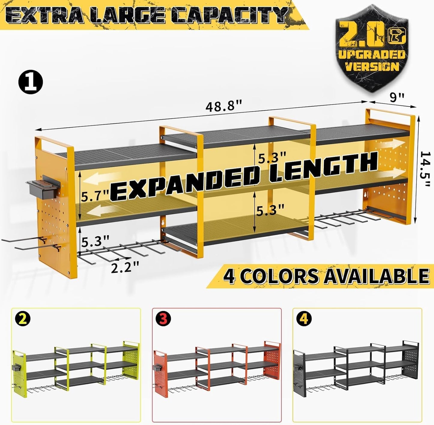 Power Tool Organizer with Charging Station Wall Mount, 3 Layer Expanded Heavy Duty Garage Organization, 48.8 Inch Length Garage Tool Storage, 4 Drill Slot, 16" Standard Hole, Yellow