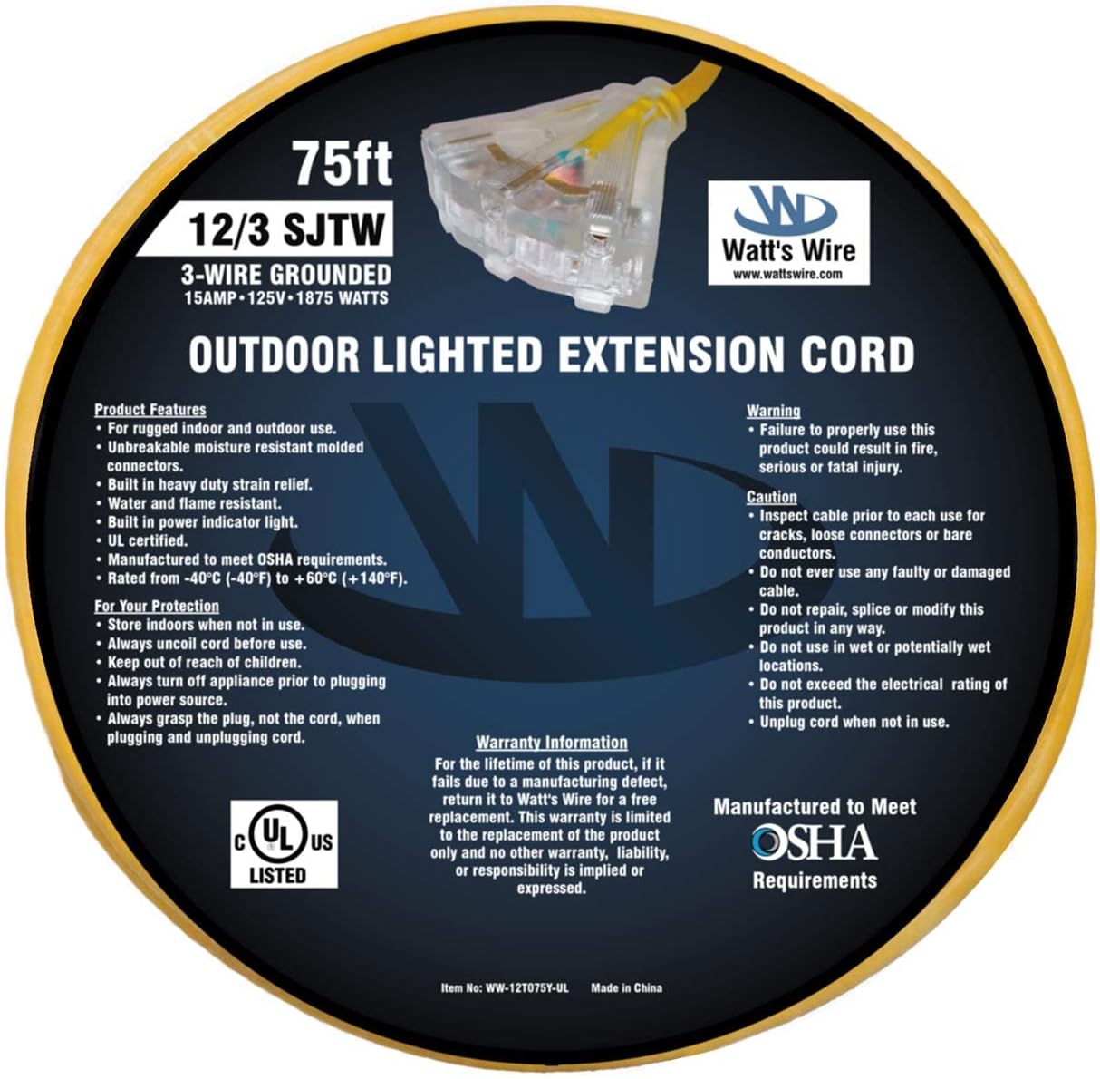 75 ft - 12 Gauge Heavy Duty Extension Cord - 3 Outlet Lighted SJTW - Indoor/Outdoor Extension_Cord by Watt's Wire - 75' 12-Gauge Grounded 15 Amp ExtensionCord