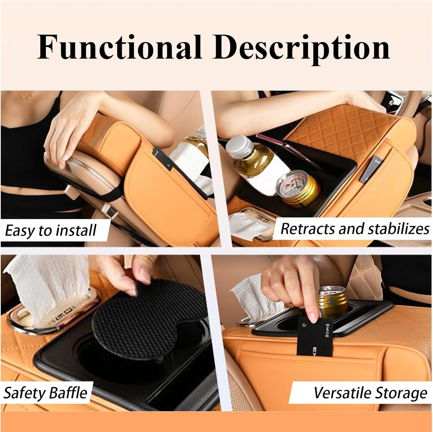 Car arm Rest Cover Pad, 5-in-1 Center Console Cover with Cup Holder, Tissue Box Slot, Mobile Phone Storage Slot, Suitable for Most Car Console Organizer, 13.8''x7.1''x3.0'', (Orange)