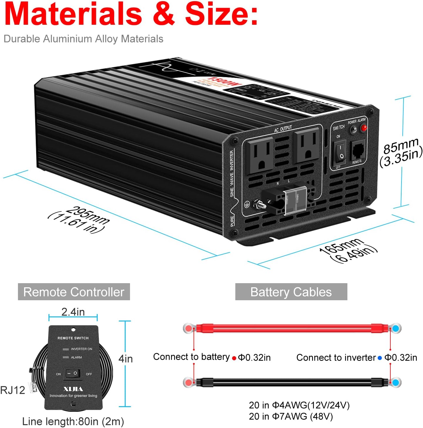 Xijia 1500W (Peak Power 3000W) Pure Sine Wave Inverter DC 60v to 120v Inverter 60HZ Solar Converter for Home Use car (DC60V (Range 50V-75V) 1500W)