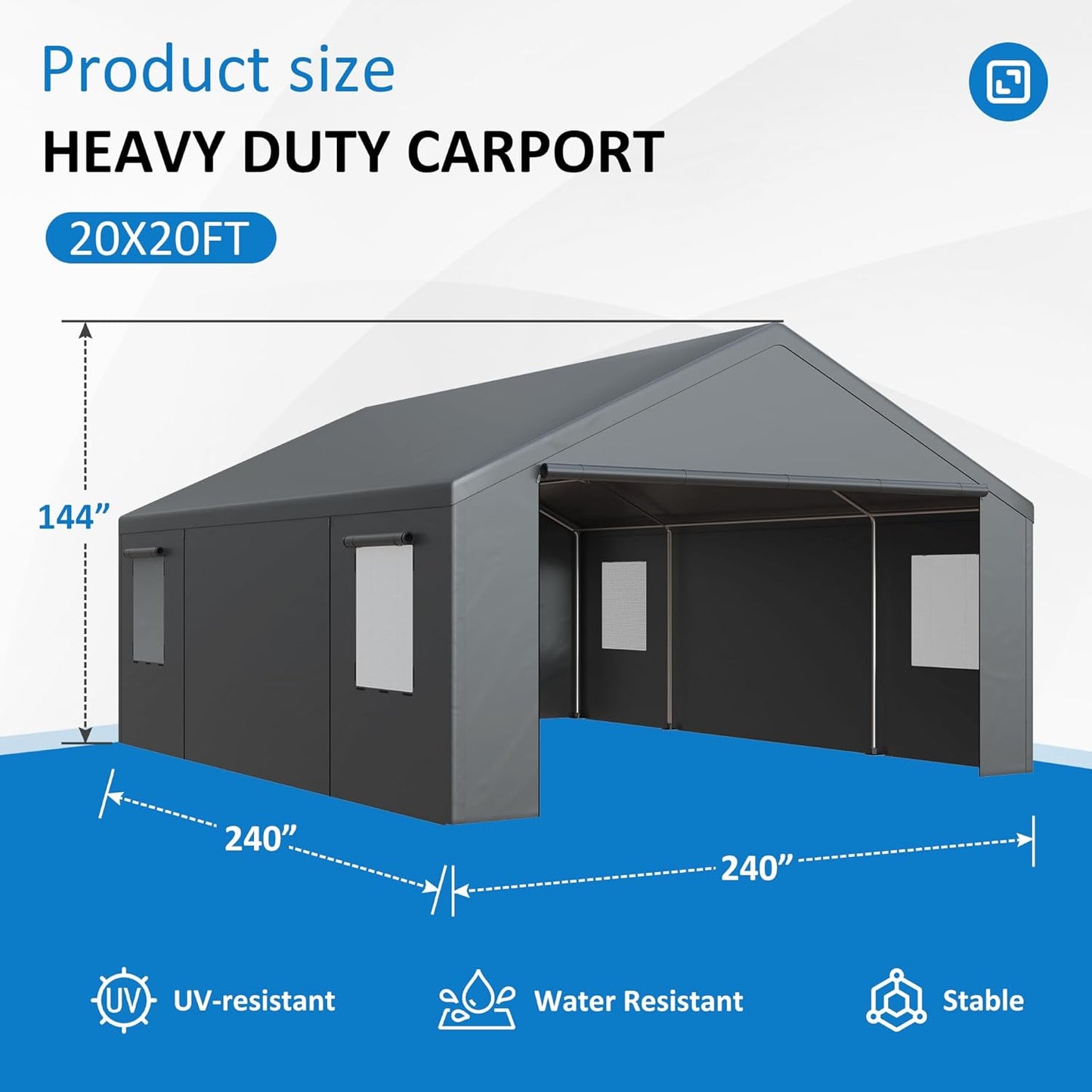 Polar Aurora Carport 20x20 FT, Heavy Duty Car Port Canopy, with 2 Side-Opening Door & Roll-Up Windows, Outdoor Portable Garage for Car, Truck, Boat, Motorcycle