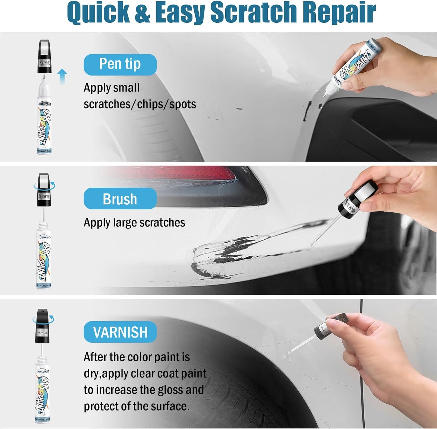 White Car Paint Touch Up, Car Scratch Repair Pen, Color Accurate Automotive Paint with Varnish Clear Coat Pen Quick and Easy Fix Vehicles Chip Rim Scuff Repair