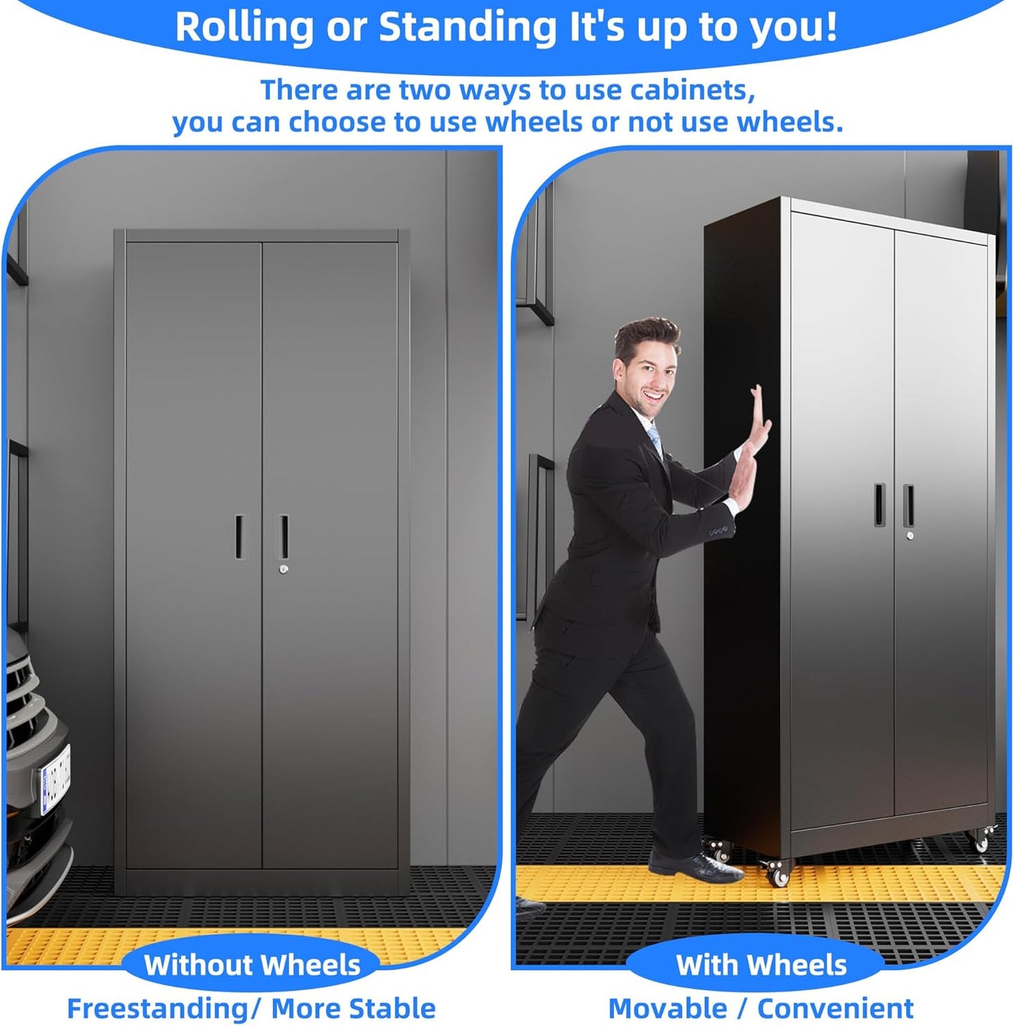 Metal Storage Cabinet with Wheels, Pegboard and 4 Hooks, 73" H Garage Storage Cabinet with 4 Adjustable Shelves and 2 Lockable Doors for Garage Home Office Warehouse, Black, Assembly Required