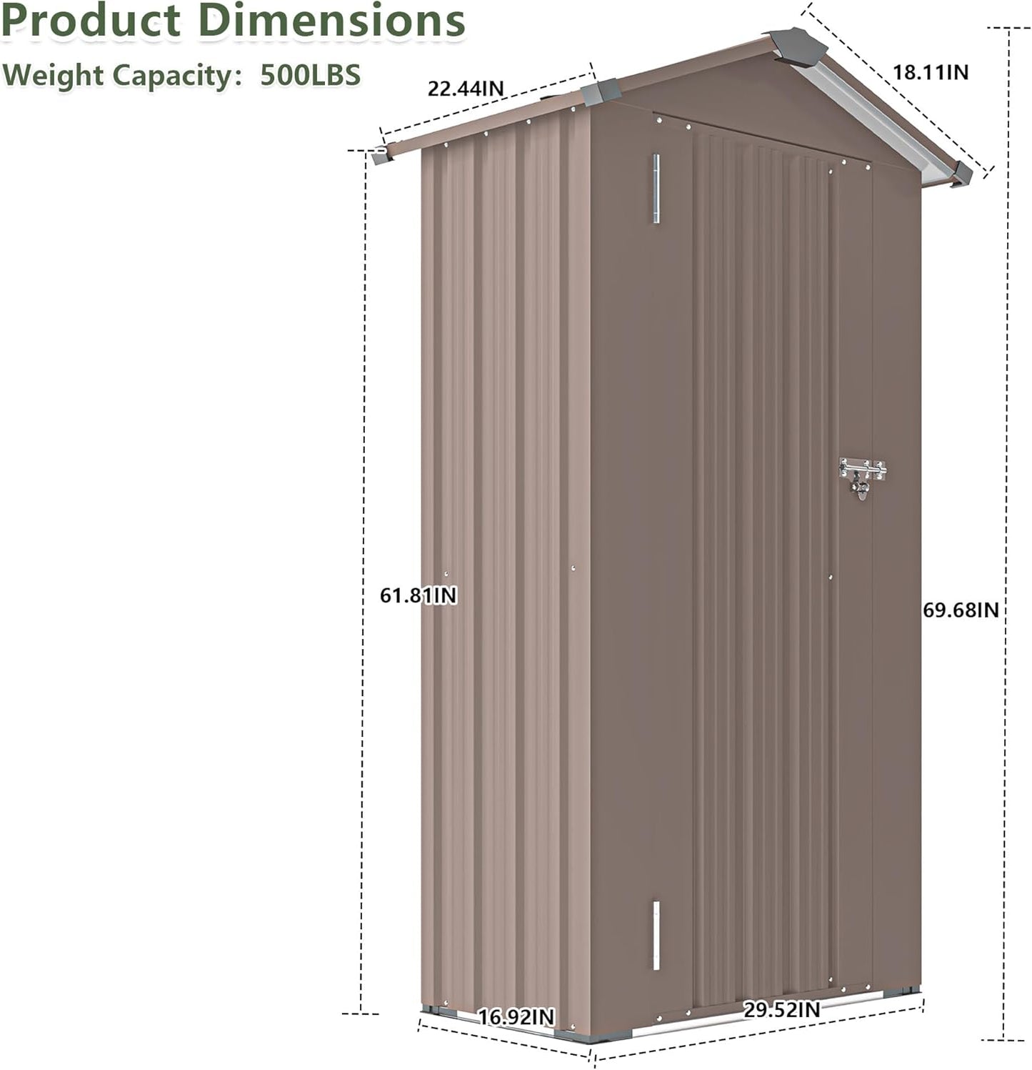 Outdoor Metal Storage Shed, Waterproof Garden Tool Shed with Lock, Galvanized Steel Utility Cabinet, Weather-Resistant Storage Locker for Backyard, Patio, Garage Tools Organization (Brown)