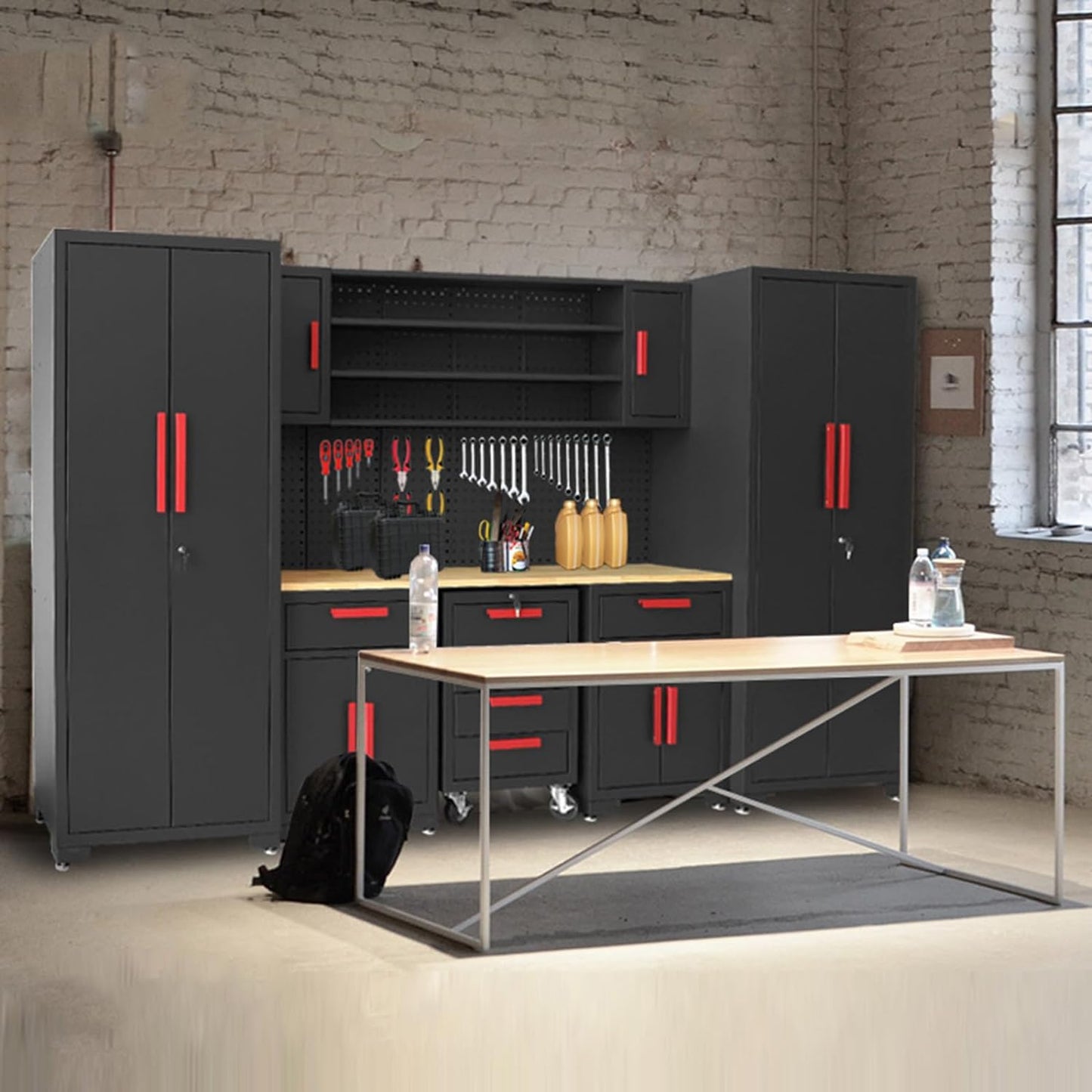 Torin Garage Storage Cabinets System, 8-Pcs Workshop Cabinet Set in Black, Included Steel Cabinets Drawers Rolling Chest and Pegboard,Locked Garage Storage Cabinet