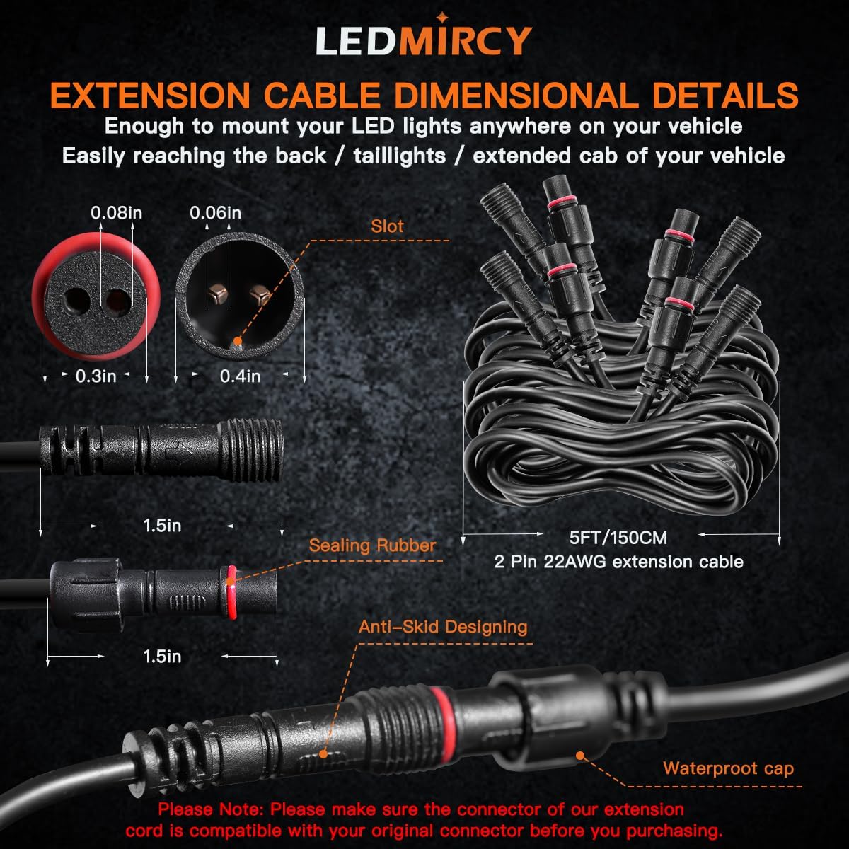 LED Rock Lights Extension Cable Wire Cord 2Pin Waterproof 4PCS 5ft 22AWG with Male to Female Connectors 11mm Nut Size for Wheel Lights Spot Flood Light Driving Fog Light for Truck