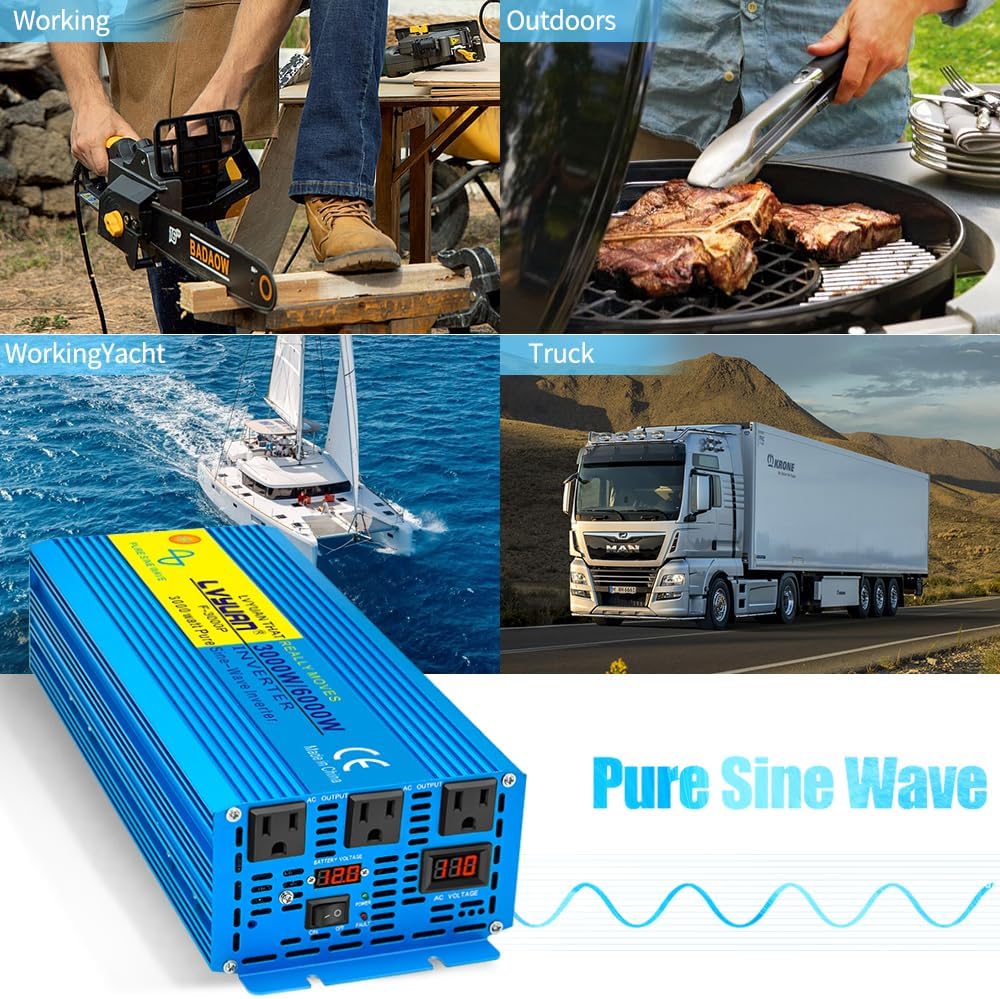 LVYUAN 3000 Watt Pure Sine Wave Inverter 12V to 110V 120V DC to AC with 3 AC Sockets, LED Display, Wireless Remote Control, Car Power Inverter for Vehicles Home RV Camping Truck Solar System