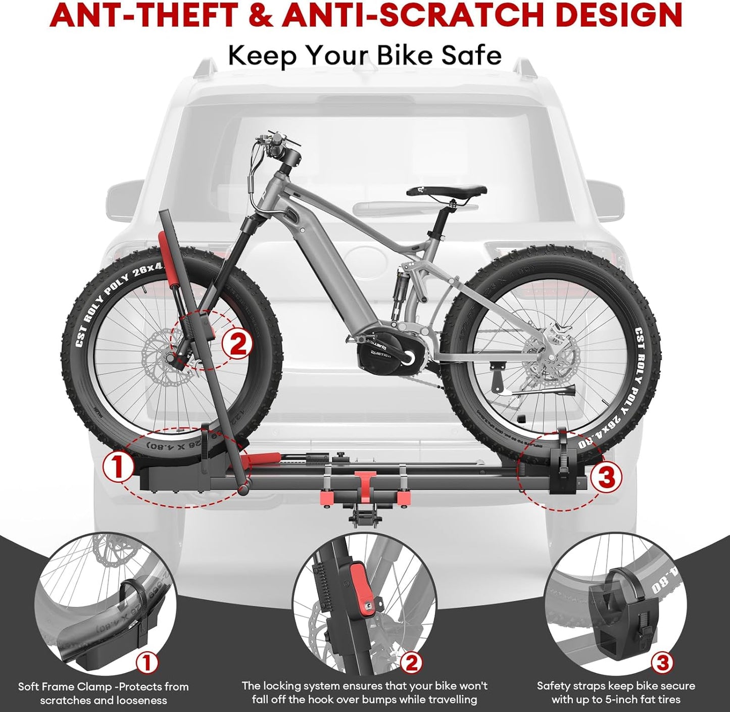 Hitch 2 EBike Rack with Ramp, 170lbs Capacity Electric Bike Carrier Foldable for 2 Heavy Ebike, Up to 5-inch Fat Tire Bicycle, 2" Receiver for Car, SUV, RV, Truck, Black