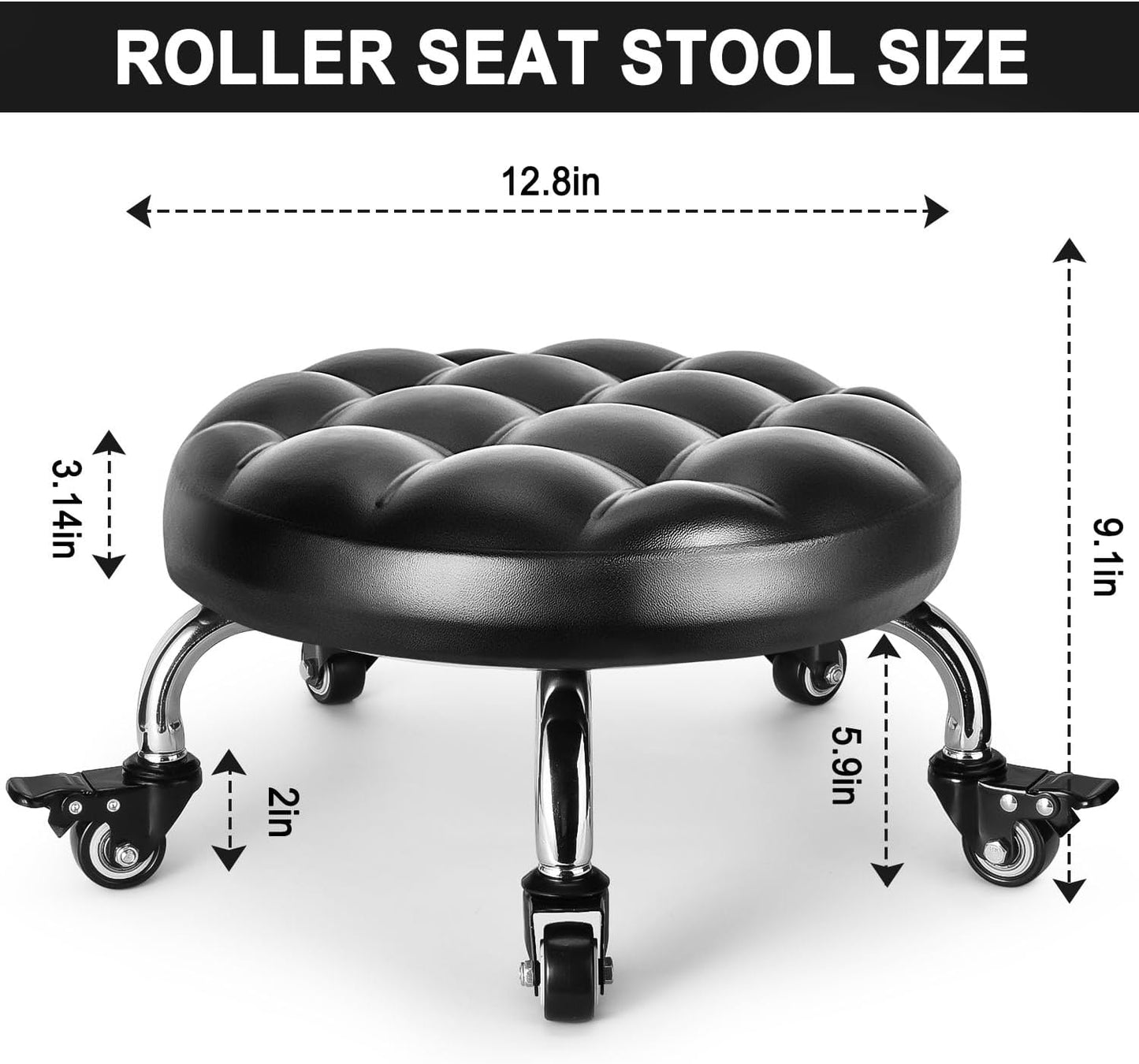 Low Rolling Stool, Low Stool with Wheels, PU Leather Low Roller Seat Stool Chair, Rolling Seat Stool for Home Office Garage Shop (Style 1)