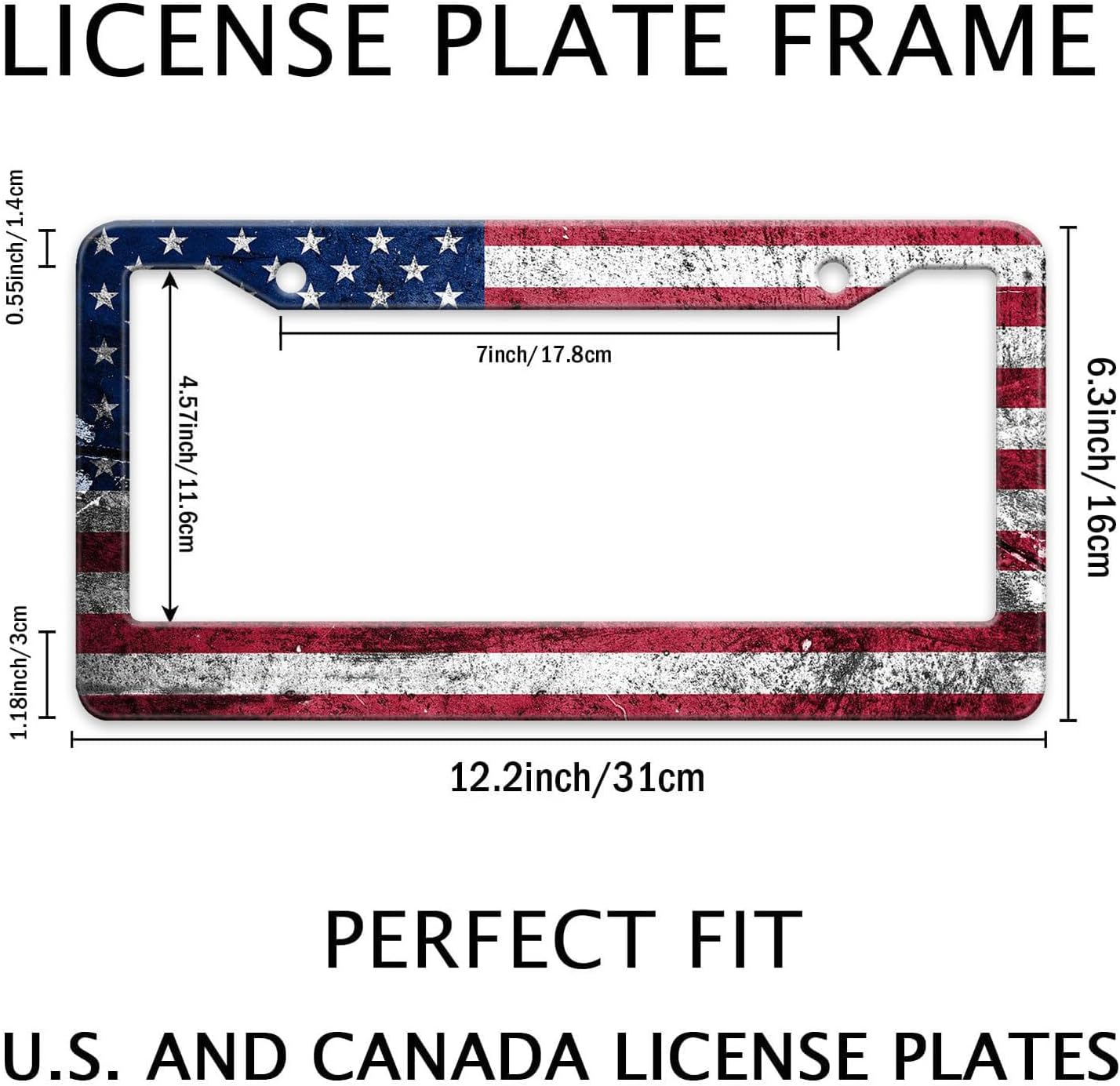 Vintage American Flag License Plate Frame, Retro USA Flag License Plate Holder Covers, Metal Aluminum Rustproof License Plate Frame Car Accessories for Women Men 2 Holes with Screw Caps
