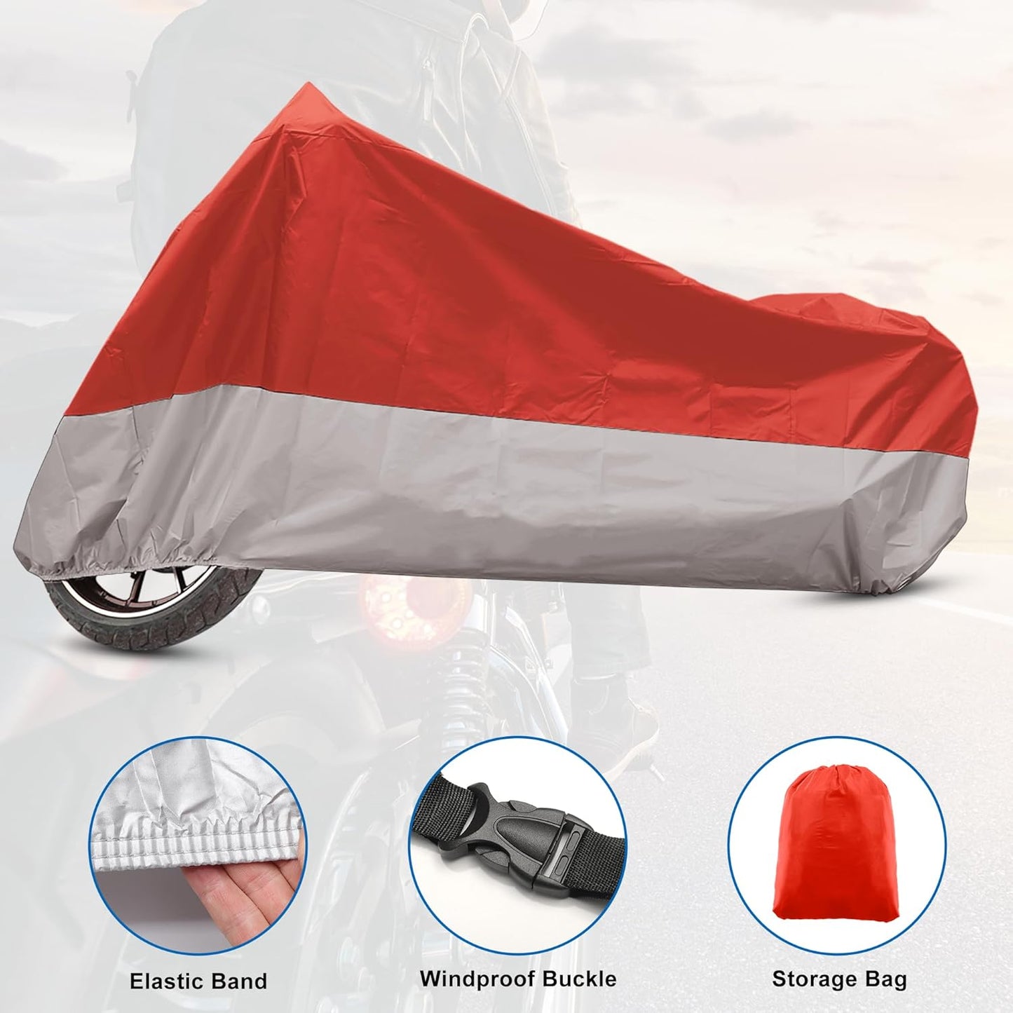 X AUTOHAUX Motorcycle Cover for Harley Davidson for Honda for Suzuki All Season Waterproof Sun Outdoor Protection Motorbike Cover Fits Up to 104.33'' Motorcycles Cover XXL Red Silver Tone