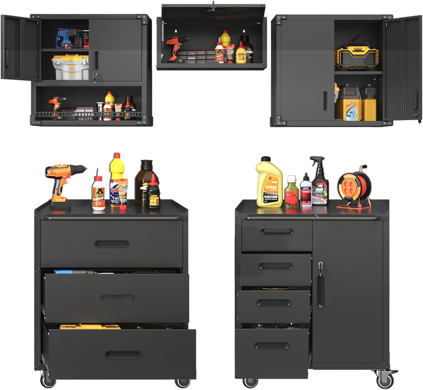 Metal Tool Cabinet,Garage Storage Cabinet System,Wall Cabinet & Locking Rolling Tool Cabinet with Doors and Adjustable Shelves,Steel Tool Cabinets for Home,Office (5 Pcs-StyleC, Black)