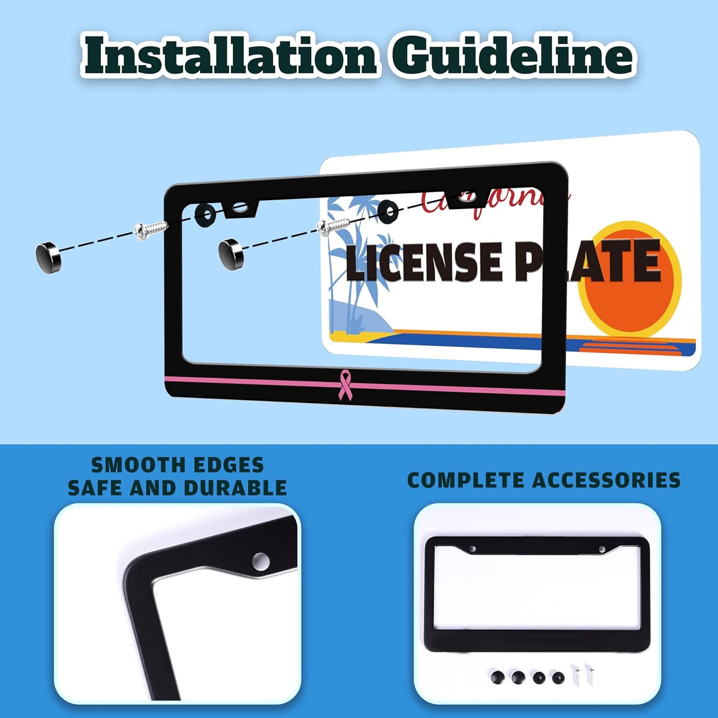 Breast Cancer Awareness License Plate Frame Pink Ribbon License Plate Holder for Front or Rear Car Tags Stainless Steel Funny Car Decoration with Screws 6.3 X 12.2 in