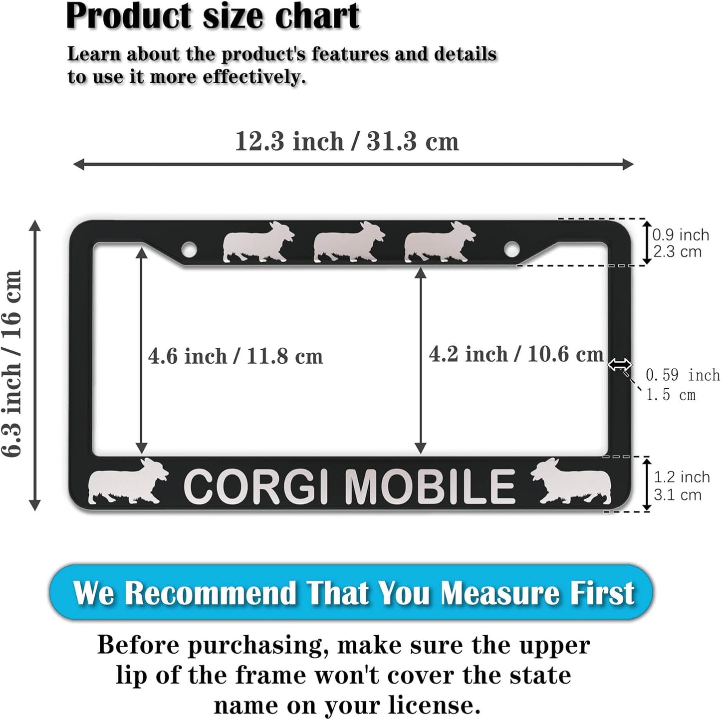 License Plate Frames for Women Black and White License Plate Frame for Men Corgi Mobile Aluminum Metal Car Accessory 2 Pack with Screw Covers Set