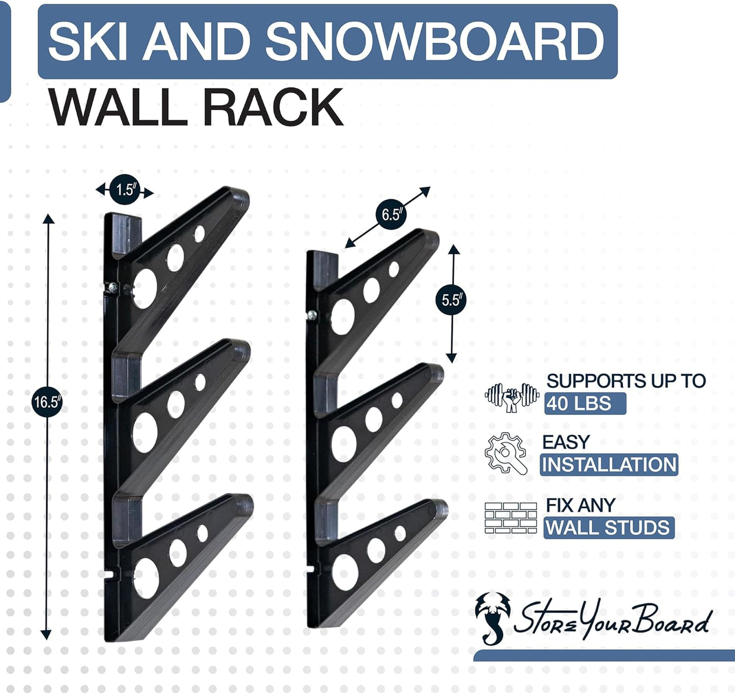 StoreYourBoard Ski Wall Rack – Horizontal Ski Rack Wall Mount, Holds 3 Pairs of Skis and Poles, Ski and Snowboard Wall Rack for Garage or Home, Holds Up to 40 lbs