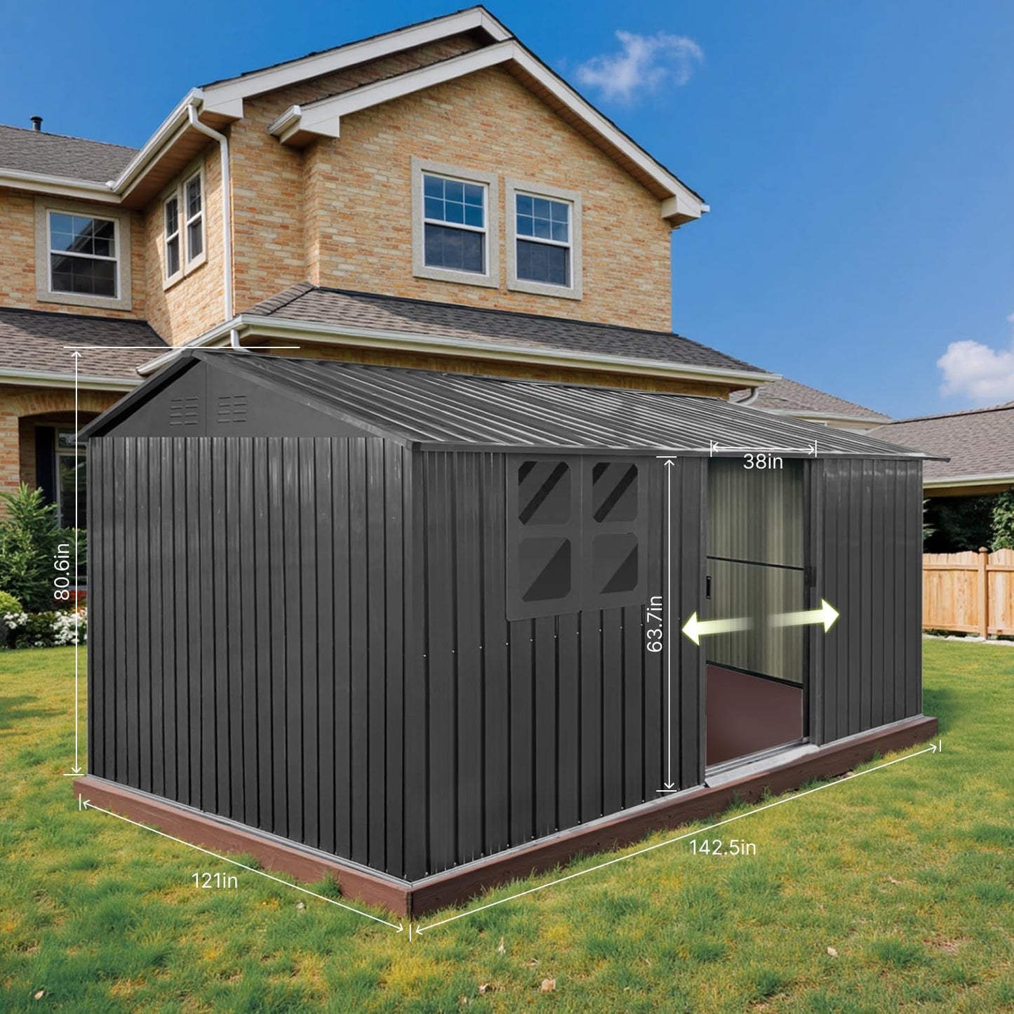 12x10 Ft Storage Shed Outdoor, XL Permanent Steel Building with Window, Sliding Doors and 4 Air Vents for Backyard Garden Patio Lawn - Black