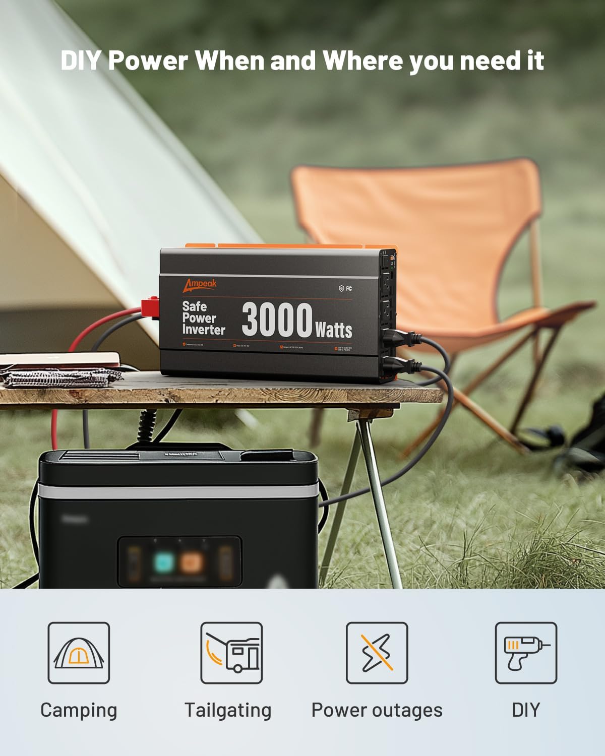 Ampeak 3000W Power Inverter, Inverter 12V to 110V Modified Sine Wave, High Conversion Efficiency 89%,USB Port 18W PD 30W, 4 AC Outlets Inverter for Camping
