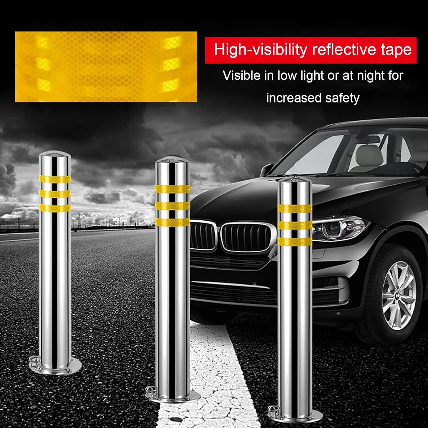 Stainless Steel Parking Bollards for Driveway, Industrial Safety Bollards Reflective Channelizer Post, Parking Barrier, Sturdy and Durable, Easy to Install, for Crowd Control(Silver (4pcs),8.9*75cm/3.
