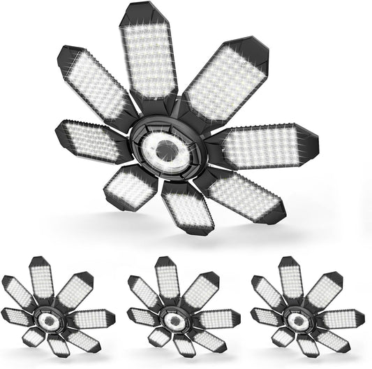 Garage Lighting - 80000LM Super Bright 6500K Garage Lights Ceiling Led w/ 8 Deformable Panels Compatible for E26/E27 Screw in Garage Light Bulb for Shops Barn Basement Attic - 4Pack