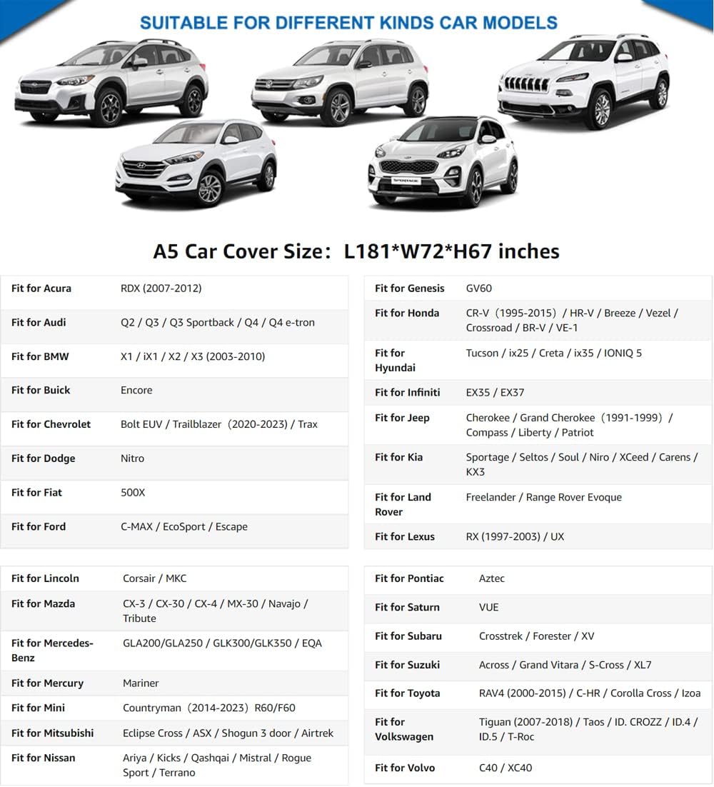 KouKou 6 Layers SUV Car Cover Waterproof All Weather, Outdoor Rain UV Dust Protection, Universal Fit for Jeep Compass, Renegade, Ford Escape, Mazda CX3,CX30, BMW X1, etc.(up to 181 inches)